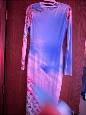 Fashion Nova Sky Gradient Long Sleeve Bodycon Dress - Light Blue & Pink Accents